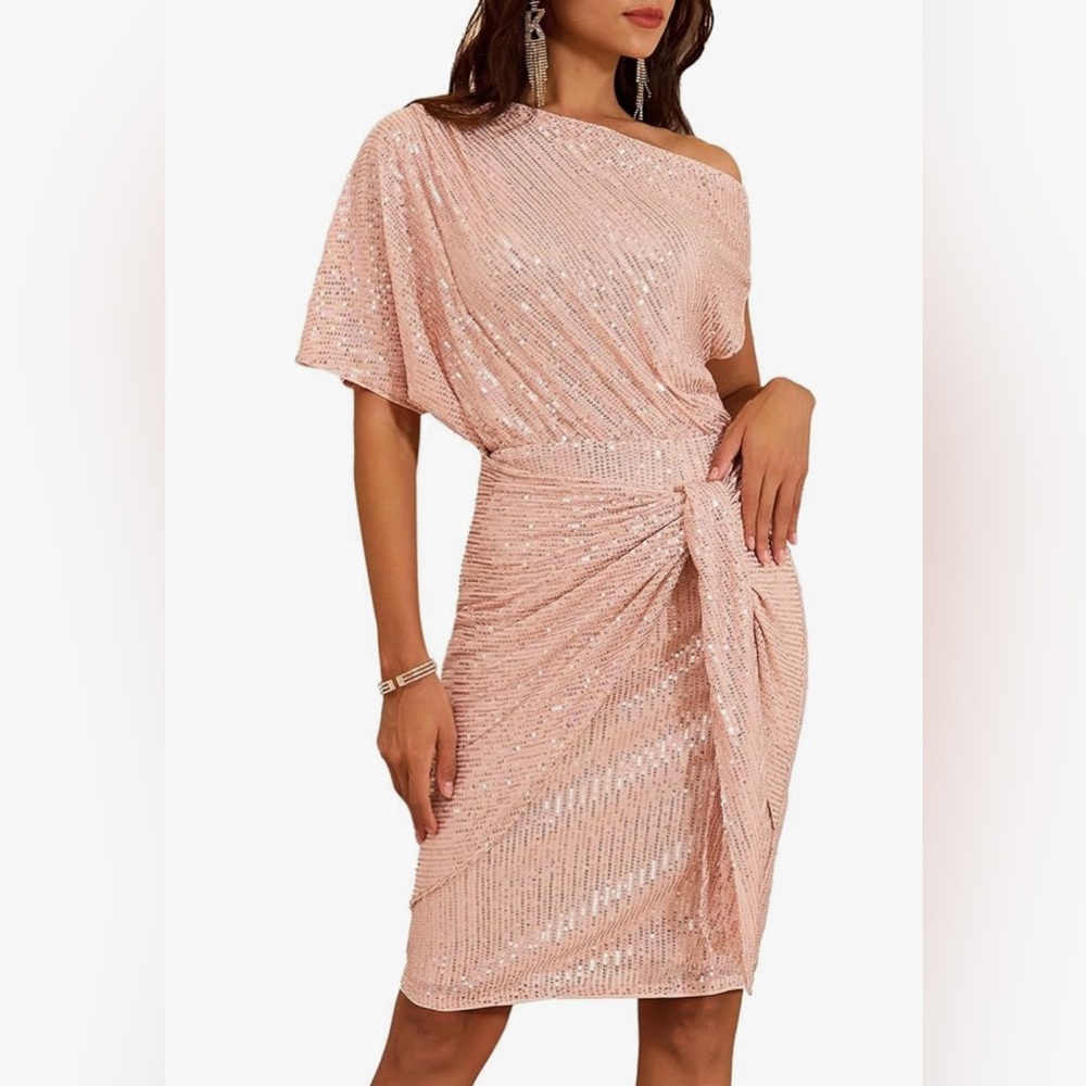One-Shoulder Blush Sequin Cocktail Dress
